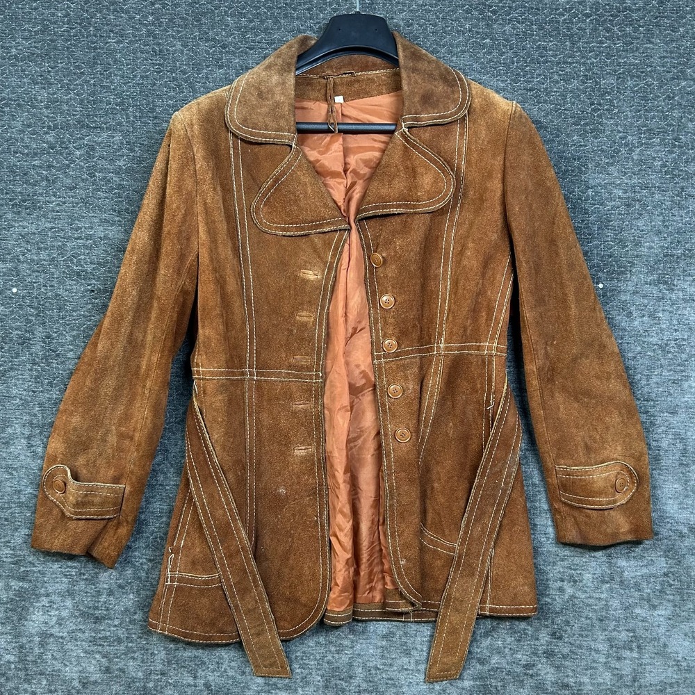 Vintage Suede Leather Jacket Womens Brown Contrast Stitch Oversized Classic - 13